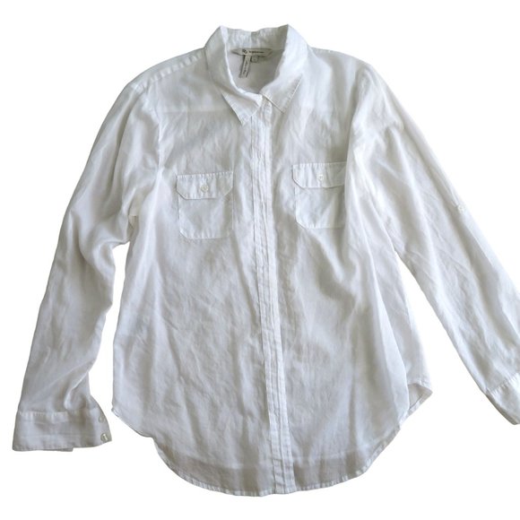 BCBG Sheer White Cotton Blouse Large Button Up Roll Tab Long Sleeves - Picture 4 of 9